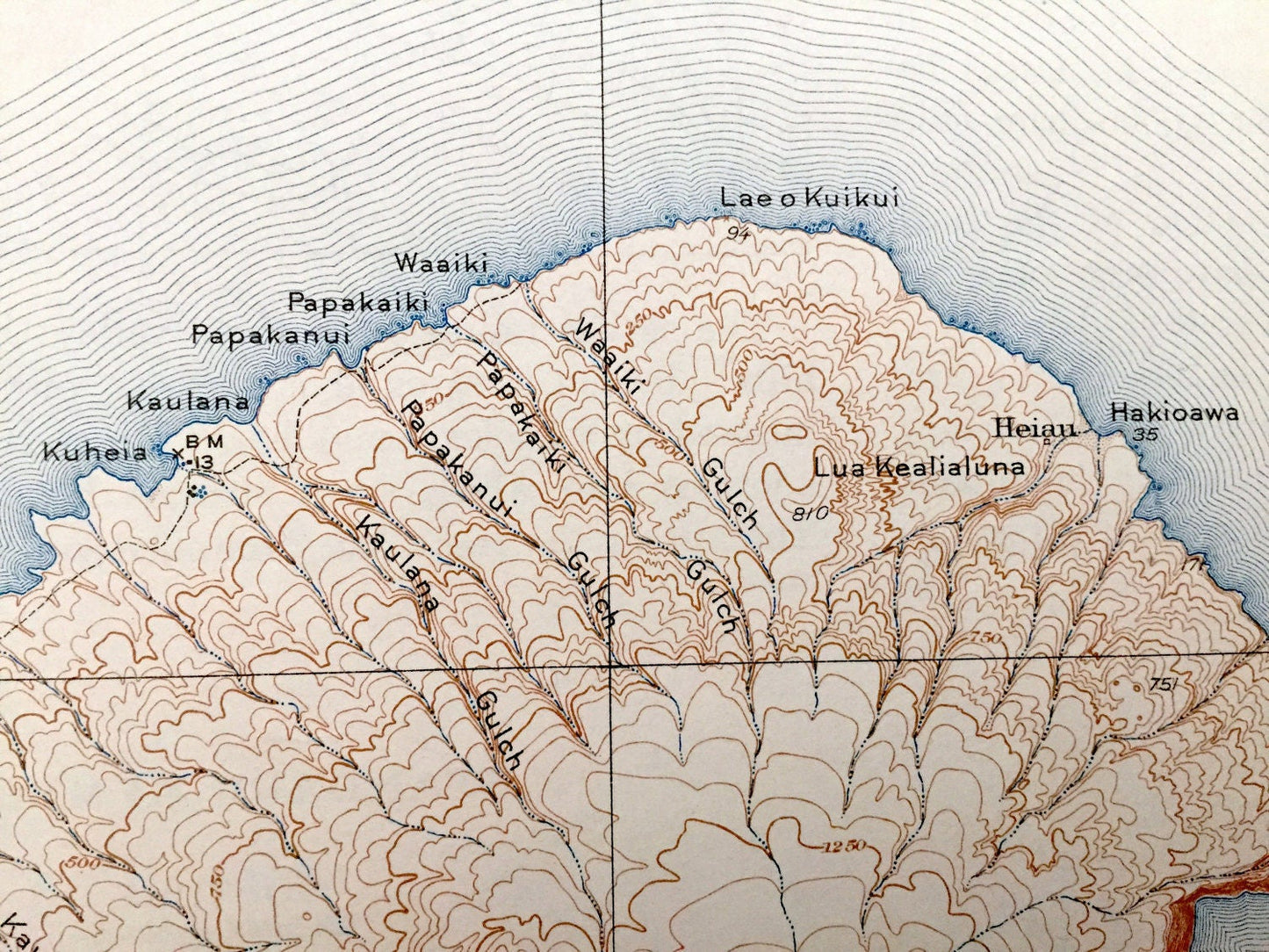 Antique Kahoolawe, Hawaii 1929 US Geological Survey Topographic Map – Makawao District, Heiau, Molokini, Kealaikahiki Kanapou Honokoa Bay HI