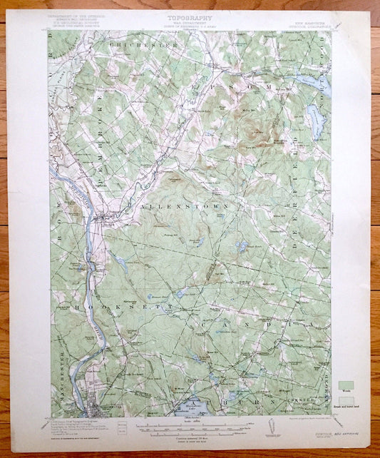 Antique Suncook, New Hampshire 1921 US Geological Survey Topographic Map – Chichester, Pembroke, Allenstown Deerfield Hooksett Manchester NH