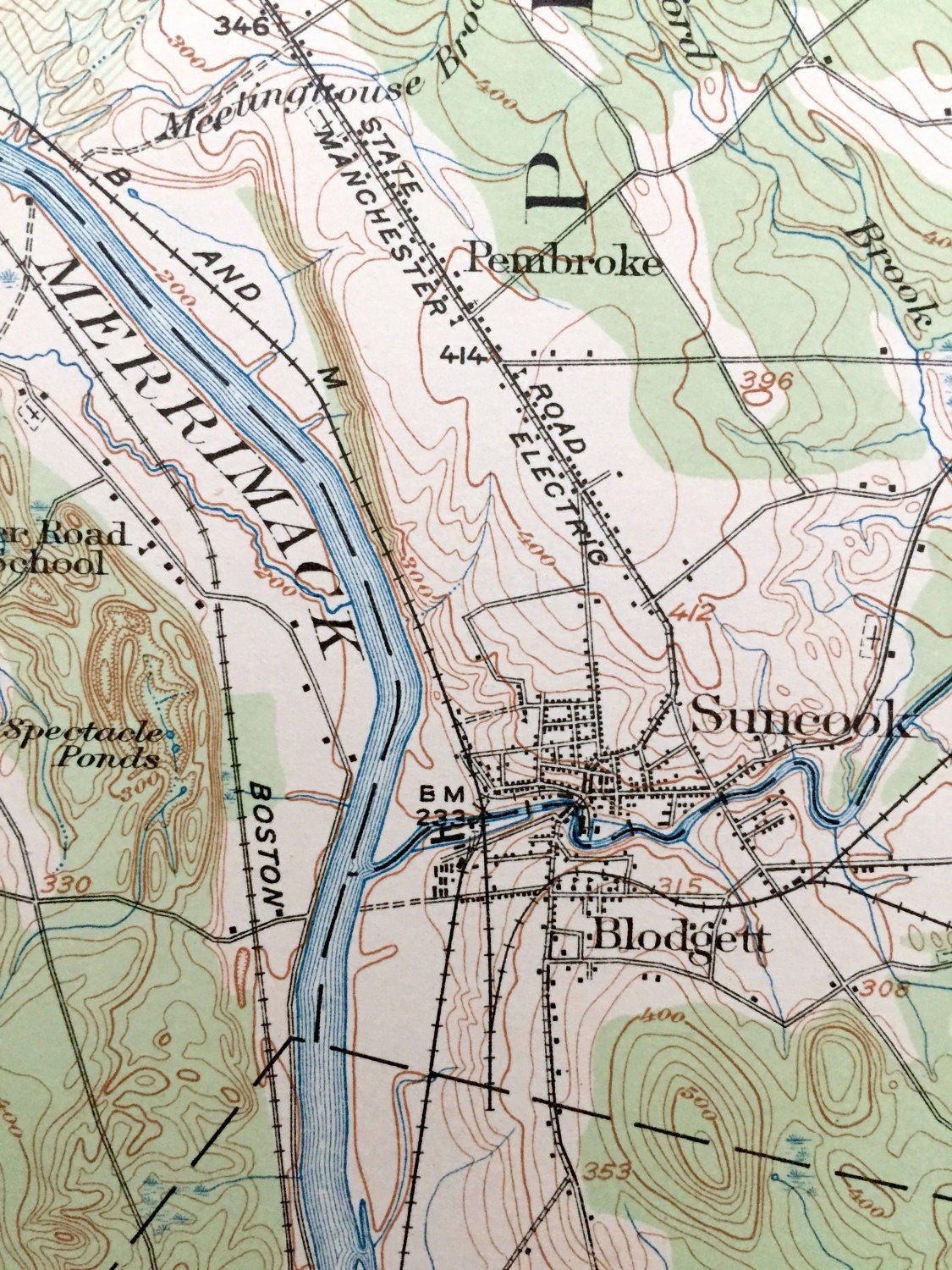 Antique Suncook, New Hampshire 1921 US Geological Survey Topographic Map – Chichester, Pembroke, Allenstown Deerfield Hooksett Manchester NH
