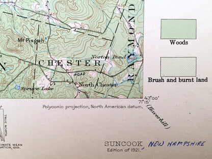 Antique Suncook, New Hampshire 1921 US Geological Survey Topographic Map – Chichester, Pembroke, Allenstown Deerfield Hooksett Manchester NH