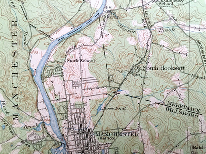 Antique Suncook, New Hampshire 1921 US Geological Survey Topographic Map – Chichester, Pembroke, Allenstown Deerfield Hooksett Manchester NH