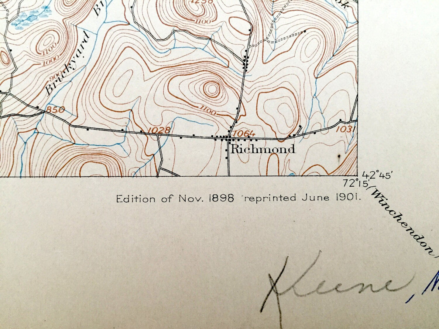 Antique Keene, New Hampshire 1898 US Geological Survey Topographic Map – Cheshire County, Winchester, Swanzey, Chesterfield, Westmoreland NH