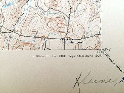 Antique Keene, New Hampshire 1898 US Geological Survey Topographic Map – Cheshire County, Winchester, Swanzey, Chesterfield, Westmoreland NH