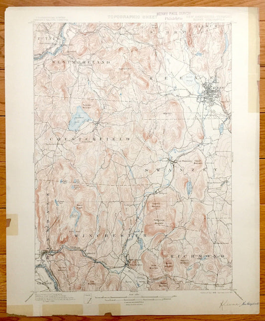 Antique Keene, New Hampshire 1898 US Geological Survey Topographic Map – Cheshire County, Winchester, Swanzey, Chesterfield, Westmoreland NH