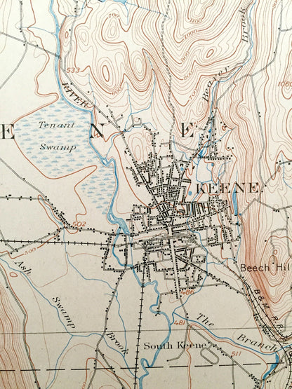 Antique Keene, New Hampshire 1898 US Geological Survey Topographic Map – Cheshire County, Winchester, Swanzey, Chesterfield, Westmoreland NH