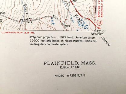 Antique Plainfield, Massachusetts 1948 US Geological Survey Topographic Map – Savoy, Hawley, Charlemont, Kings Corner, Windsor Pond, MA
