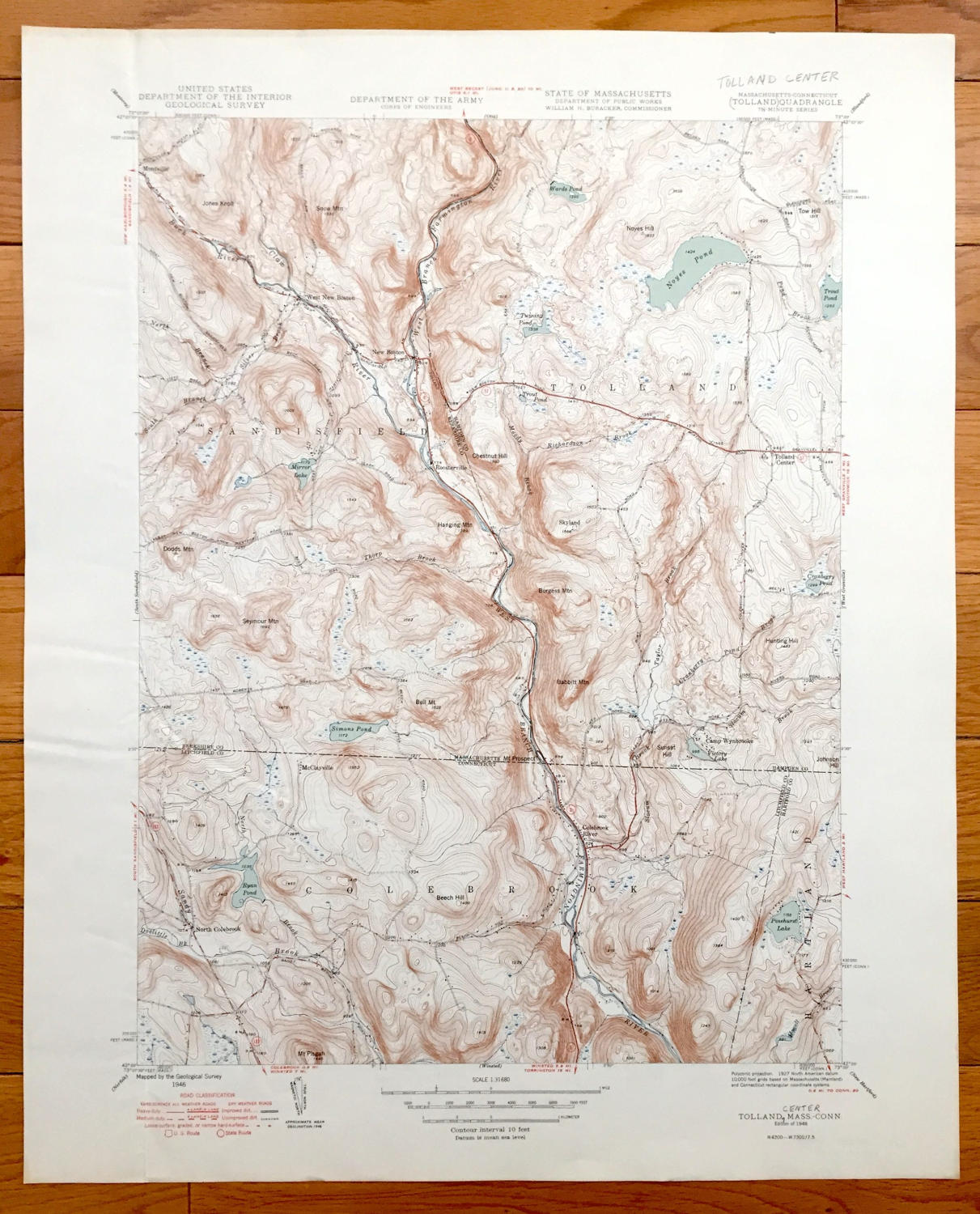 Antique Tolland Center, Massachusetts 1948 US Geological Survey Topographic Map – Sandisfield, New Boston, North Colebrook, Hartland, MA