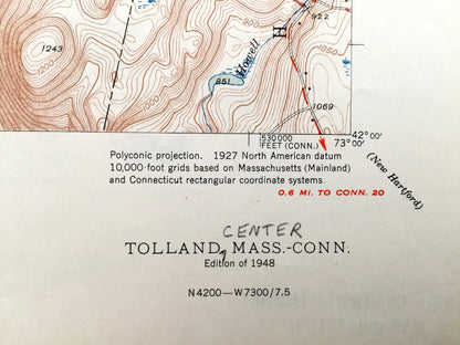 Antique Tolland Center, Massachusetts 1948 US Geological Survey Topographic Map – Sandisfield, New Boston, North Colebrook, Hartland, MA