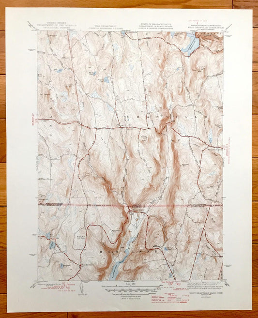 Antique West Granville, Massachusetts & Hartland, Connecticut 1946 US Geological Survey Topographic Map – Tolland, Russell, North Hollow