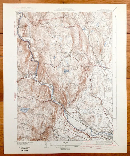 Antique Woronoco, Massachusetts 1942 US Geological Survey Topographic Map – Montgomery, Southampton, Huntington, Russell, Westfield