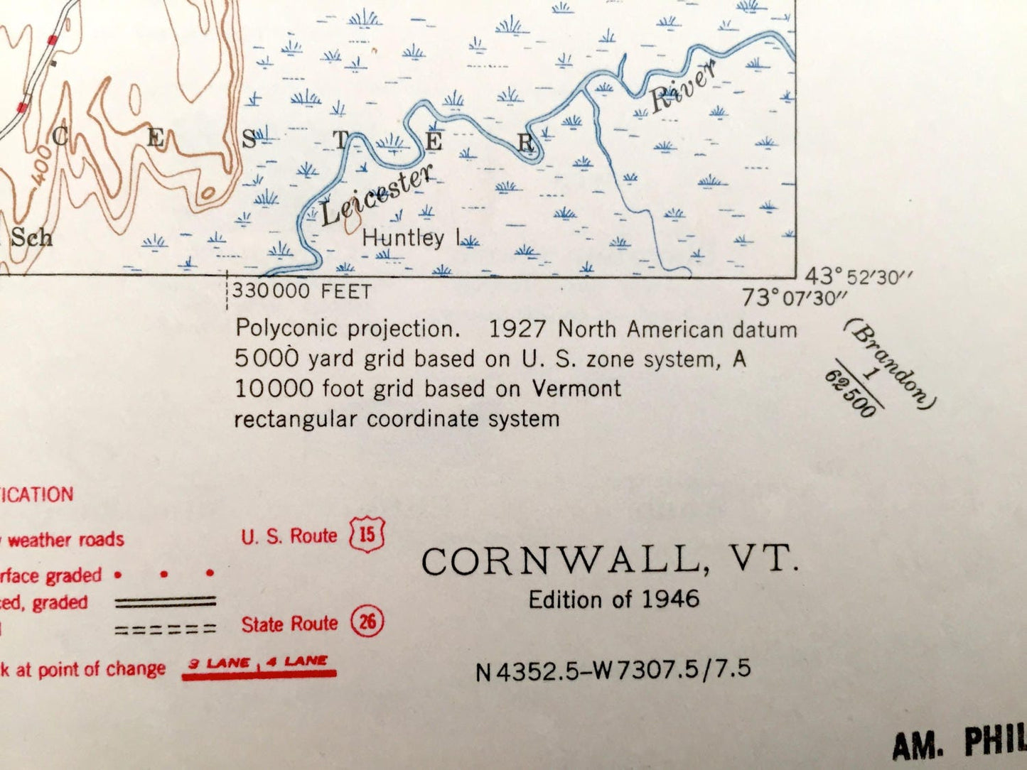 Antique Cornwall, Vermont 1946 US Geological Survey Topographic Map – Middlebury, Salisbury, Farmingdale, West Salisbury, Shoreham, VT