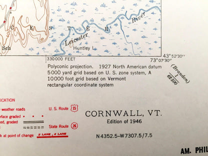 Antique Cornwall, Vermont 1946 US Geological Survey Topographic Map – Middlebury, Salisbury, Farmingdale, West Salisbury, Shoreham, VT