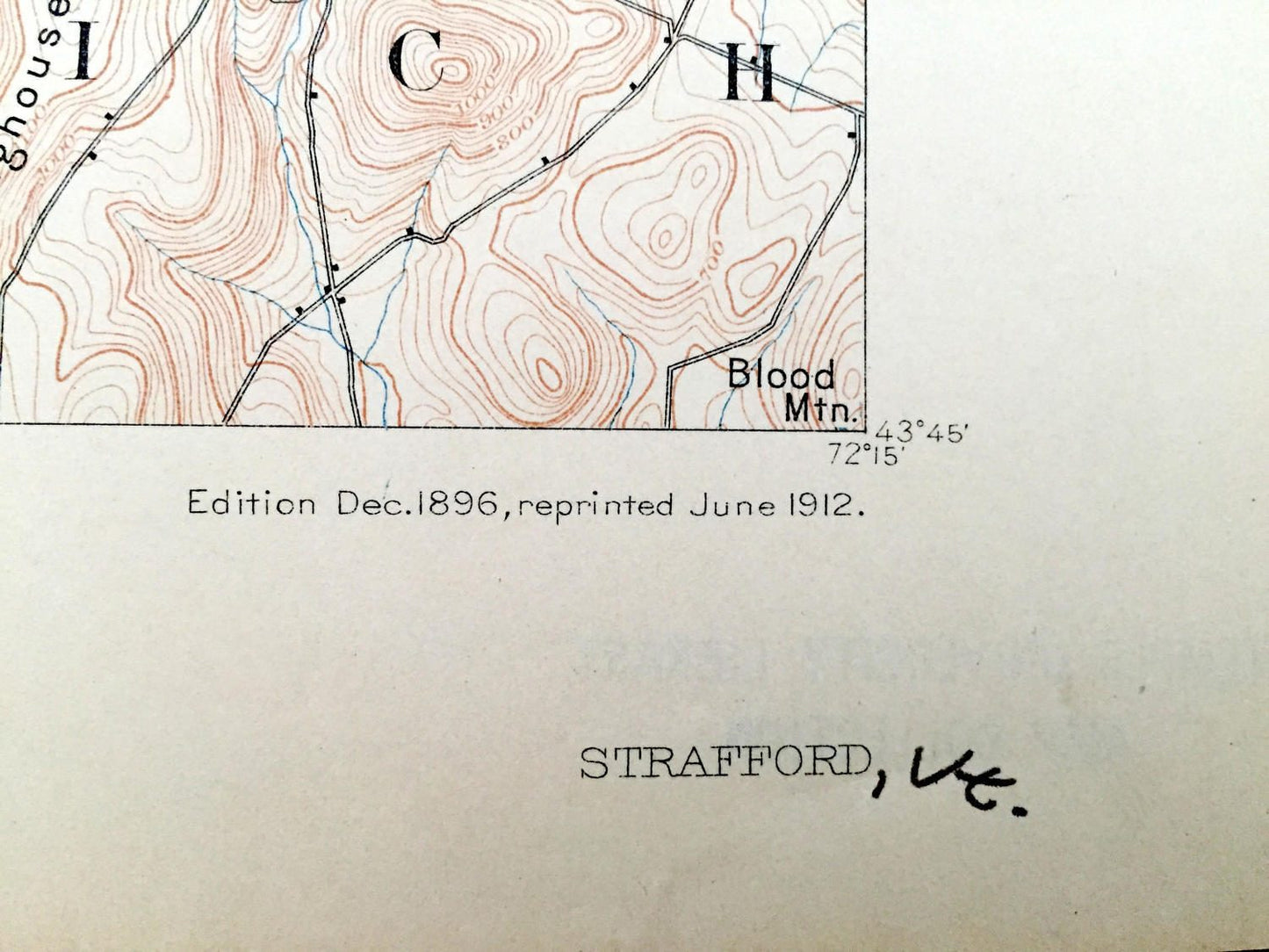Antique Strafford, Vermont 1896 US Geological Survey Topographic Map – Chelsea, Vershire, Tunbridge, Thetford, Sharon, Norwich, Royalton, VT