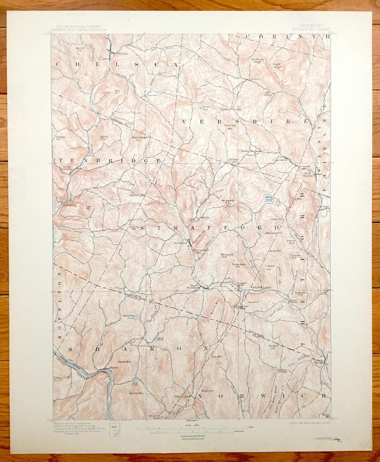 Antique Strafford, Vermont 1896 US Geological Survey Topographic Map – Chelsea, Vershire, Tunbridge, Thetford, Sharon, Norwich, Royalton, VT