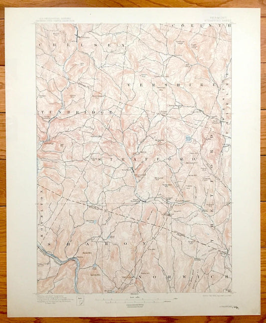 Antique Strafford, Vermont 1896 US Geological Survey Topographic Map – Chelsea, Vershire, Tunbridge, Thetford, Sharon, Norwich, Royalton, VT