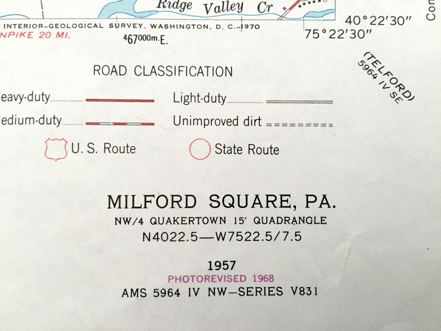 Antique Milford Square, Pennsylvania 1957 US Geological Survey Topographic Map – Upper Hanover, Marlborough, Bucks, Montgomery County, PA