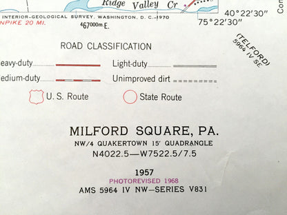 Antique Milford Square, Pennsylvania 1957 US Geological Survey Topographic Map – Upper Hanover, Marlborough, Bucks, Montgomery County, PA