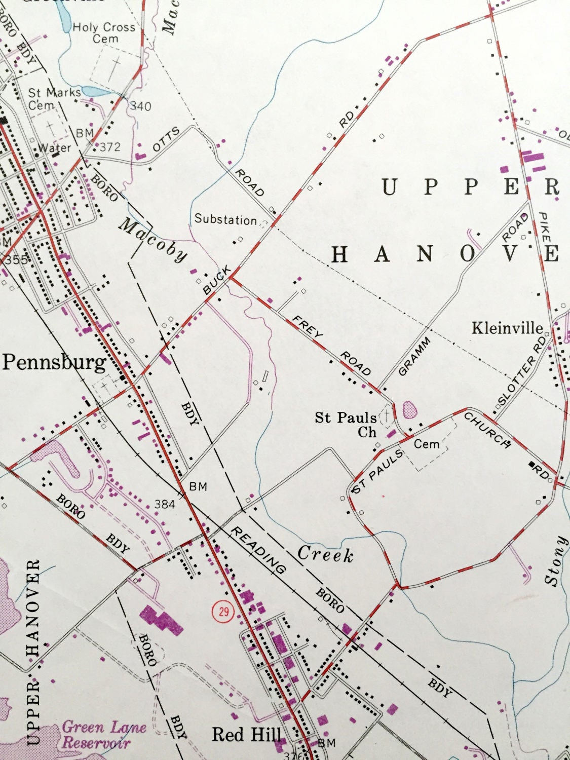Antique Milford Square, Pennsylvania 1957 US Geological Survey Topographic Map – Upper Hanover, Marlborough, Bucks, Montgomery County, PA