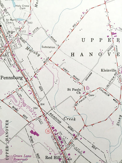 Antique Milford Square, Pennsylvania 1957 US Geological Survey Topographic Map – Upper Hanover, Marlborough, Bucks, Montgomery County, PA