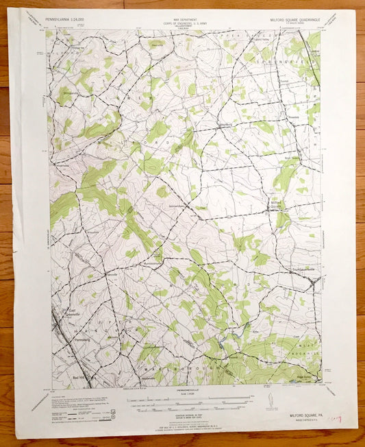 Antique Milford Square, Pennsylvania 1943 US Geological Survey Topographic Map – Bucks, Montgomery County, Springfield, Marlborough, PA