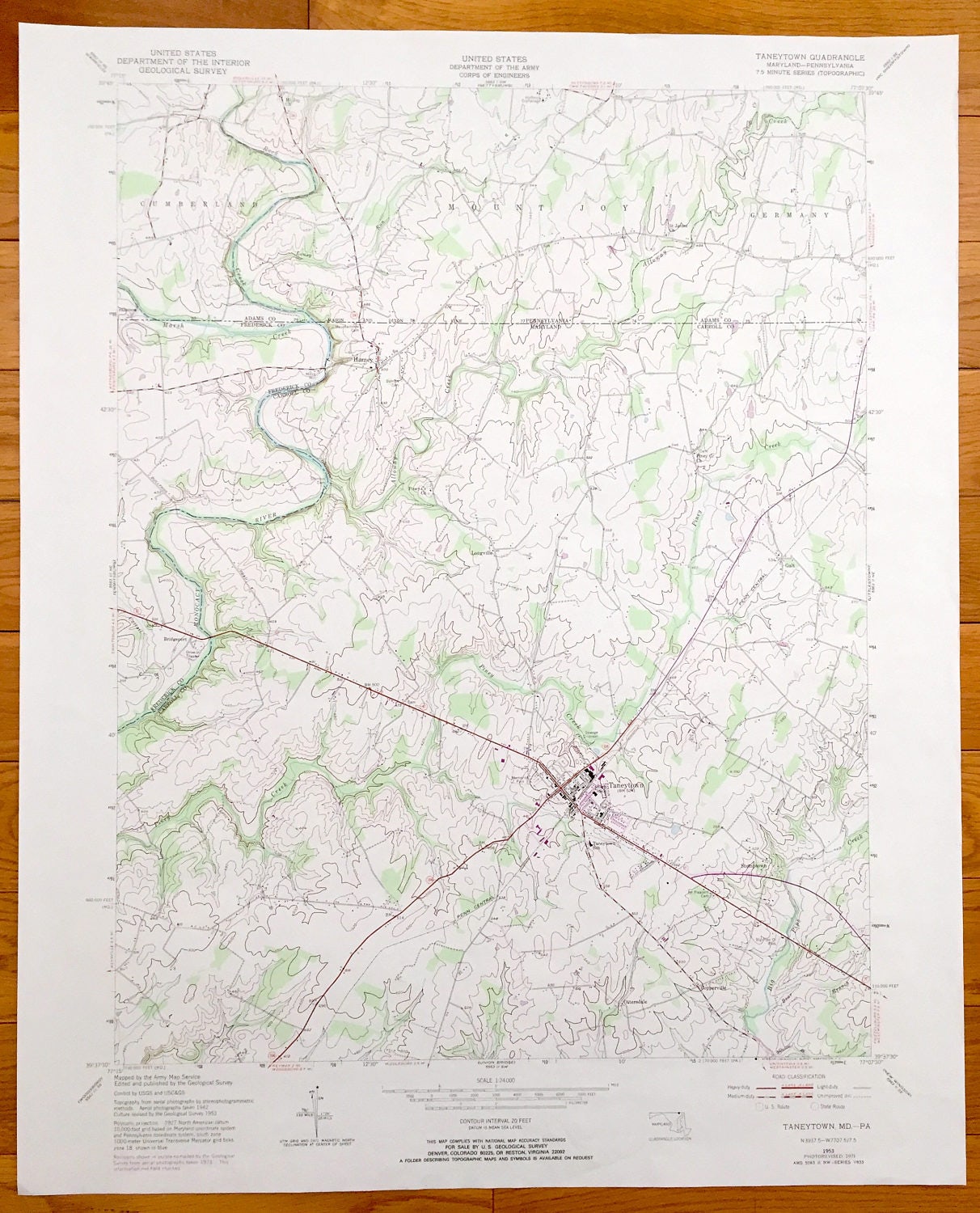 Antique Taneytown, Maryland 1953 US Geological Survey Topographic Map – Stumptown, Germany, Galt, Longville, Harney, Mount Joy, Pennsylvania