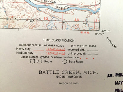 Antique Battle Creek, Michigan 1950 US Geological Survey Topographic Map – Bellevue, Assyria, Pennfield, Bedford, Emmett, Calhoun County, MI