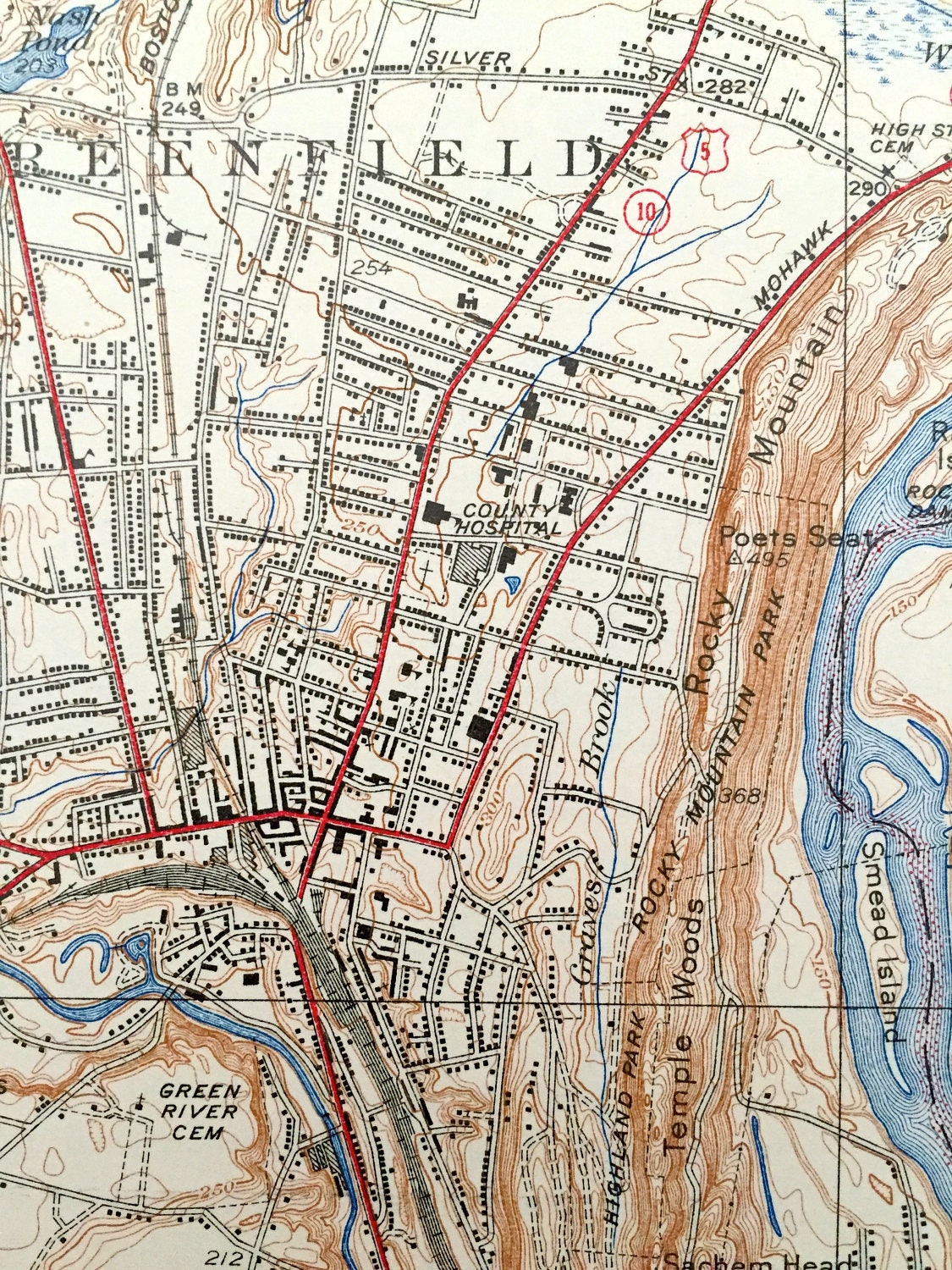 Antique Greenfield, Massachusetts 1941 US Geological Survey Topographic Map – Montague, Turners Falls, Deerfield, Sunderland Gill Wapping MA