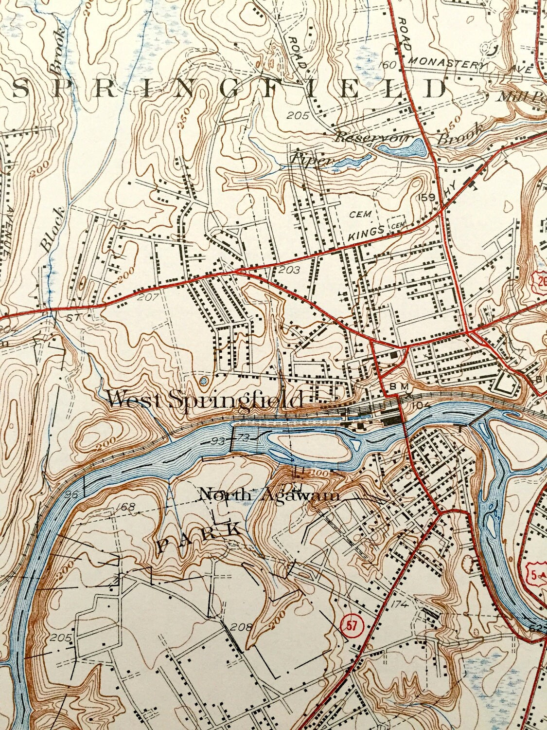 Antique West Springfield, Massachusetts 1938 US Geological Survey Topographic Map – Westfield, Agawam, Southwick, Robinson State Park, CT MA