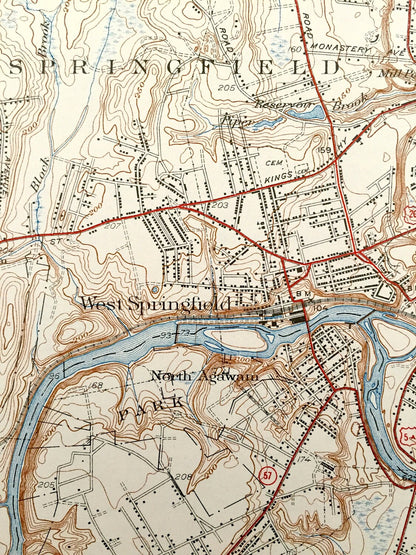 Antique West Springfield, Massachusetts 1938 US Geological Survey Topographic Map – Westfield, Agawam, Southwick, Robinson State Park, CT MA