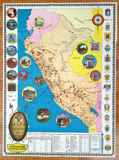 Antique Peru, South America 1971 Tourist Map – Lima, San Martin, Ancash, Arequipa, Lambayeque, Ecuador, Columbia, Brazil, Bolivia, Chile