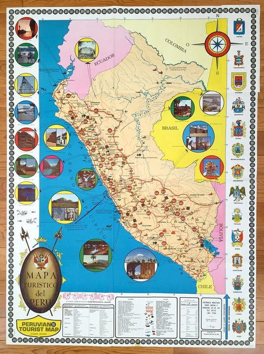 Antique Peru, South America 1971 Tourist Map – Lima, San Martin, Ancash, Arequipa, Lambayeque, Ecuador, Columbia, Brazil, Bolivia, Chile