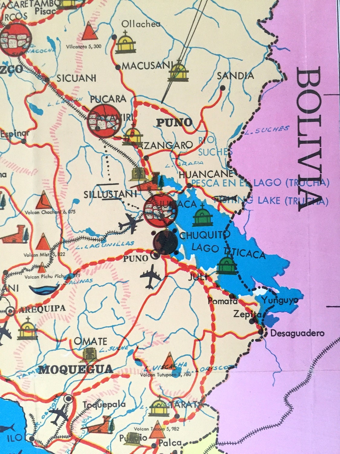 Antique Peru, South America 1971 Tourist Map – Lima, San Martin, Ancash, Arequipa, Lambayeque, Ecuador, Columbia, Brazil, Bolivia, Chile