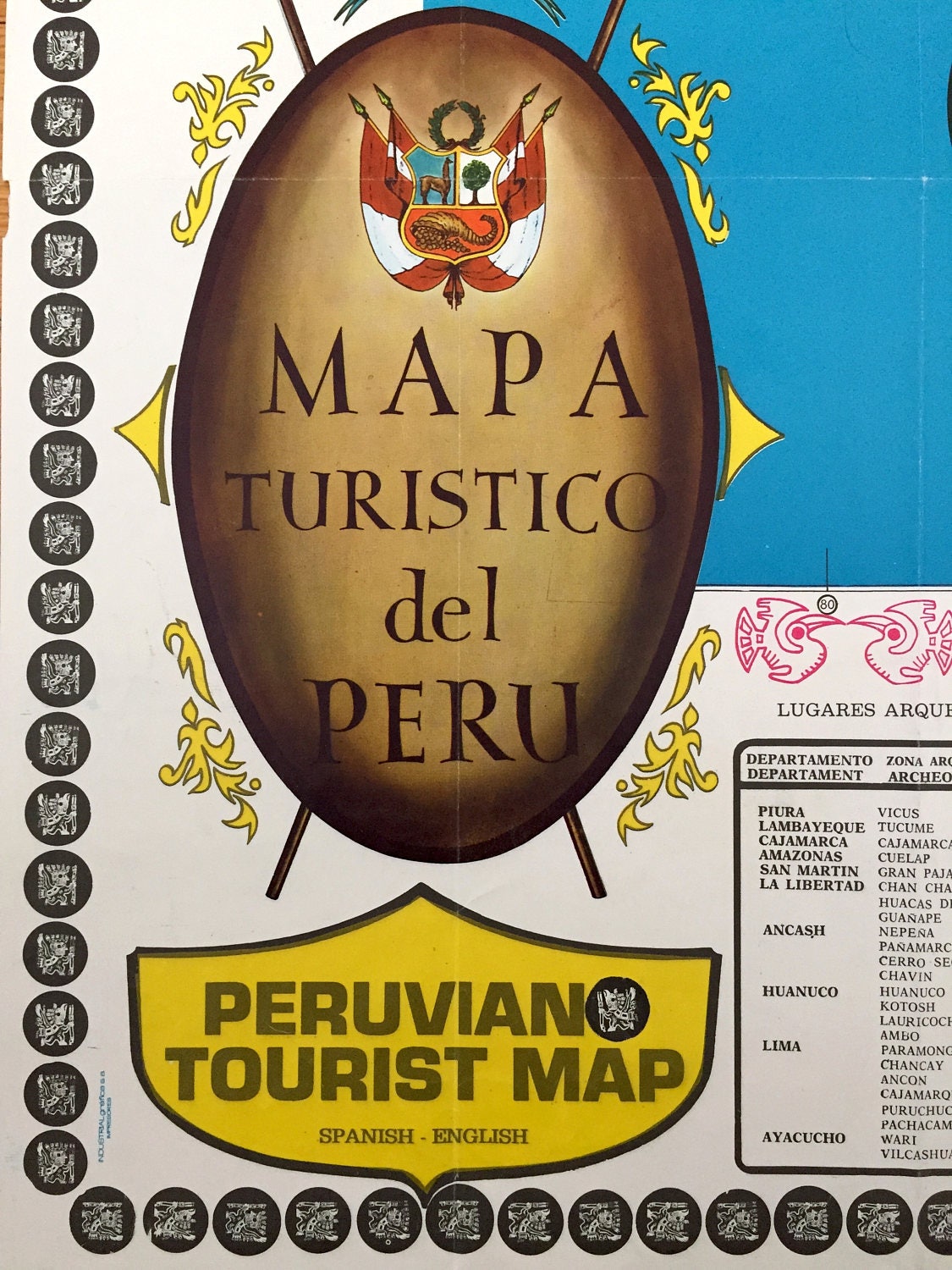 Antique Peru, South America 1971 Tourist Map – Lima, San Martin, Ancash, Arequipa, Lambayeque, Ecuador, Columbia, Brazil, Bolivia, Chile