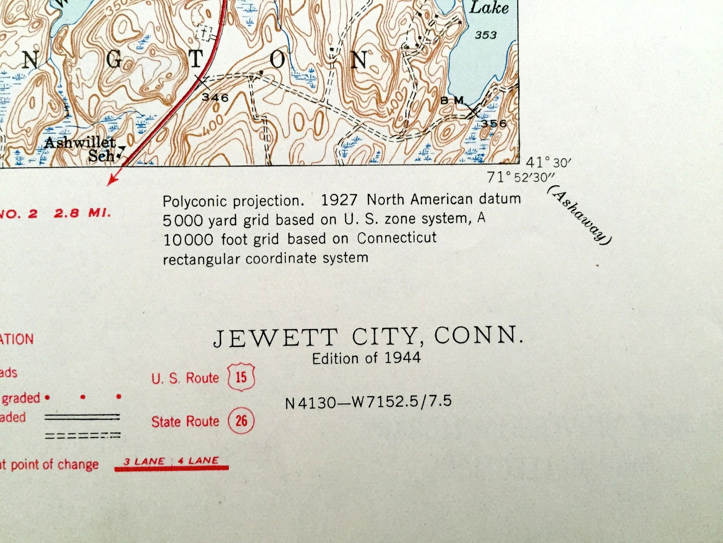 Antique Jewett City, Connecticut 1944 US Geological Survey Topographic Map – Preston, Griswold, North Stonington, Glasgo, Pachaug Pond, CT