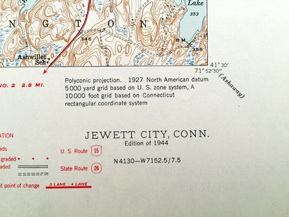 Antique Jewett City, Connecticut 1944 US Geological Survey Topographic Map – Preston, Griswold, North Stonington, Glasgo, Pachaug Pond, CT