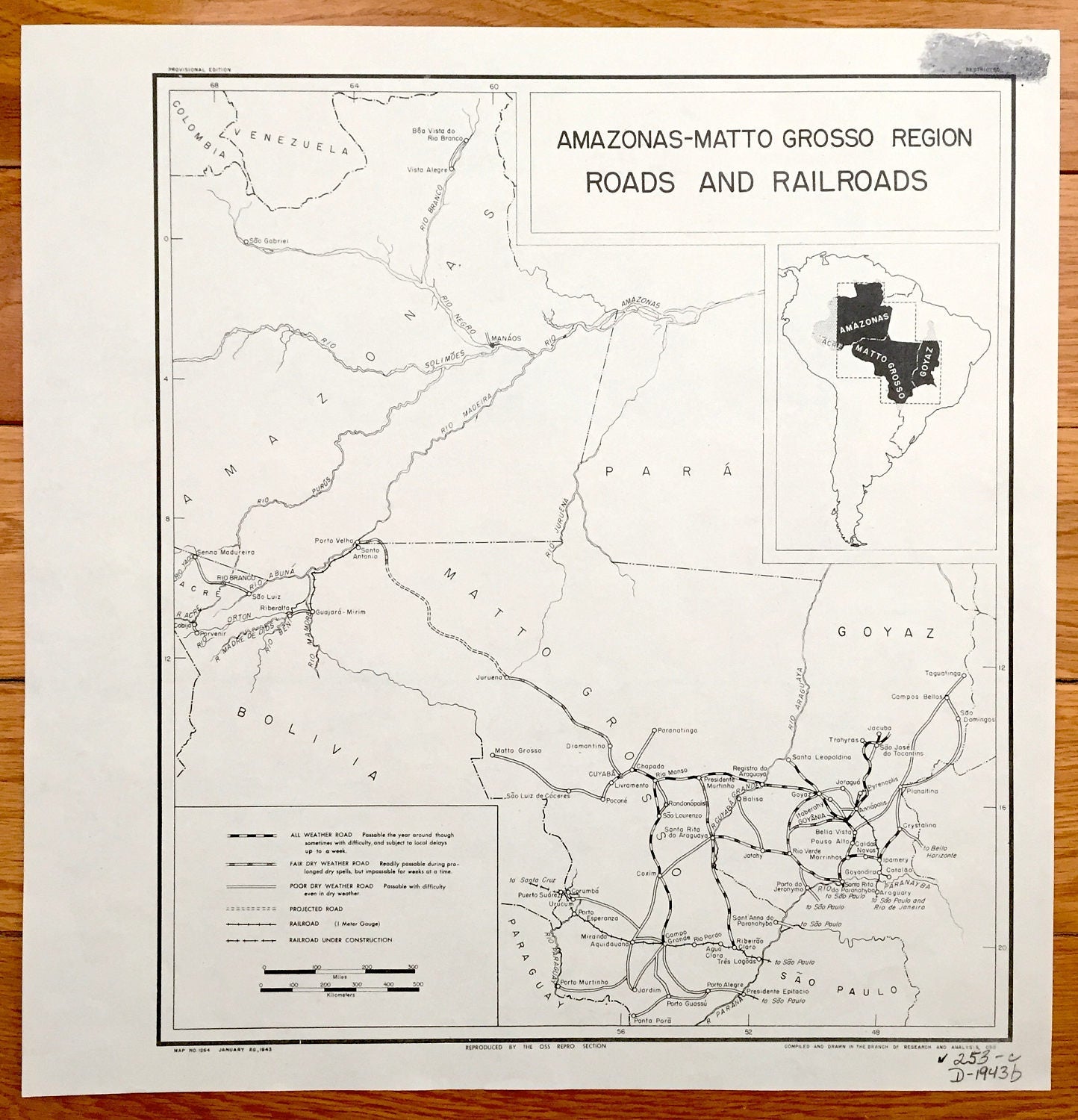 Antique Amazonas-Matto Grosso Region 1943 Formerly Restricted US Government Map – Goyaz, São Paulo, Paraguay, Bolivia, Pará, South America