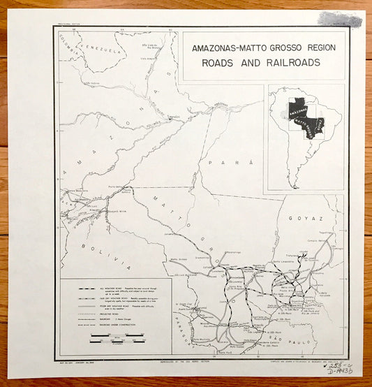 Antique Amazonas-Matto Grosso Region 1943 Formerly Restricted US Government Map – Goyaz, São Paulo, Paraguay, Bolivia, Pará, South America