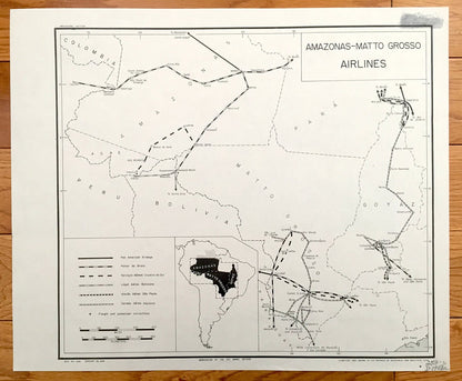 Antique Amazonas-Matto Grosso Region Airline Map 1943 – Formerly Restricted US Government – Goyaz, São Paulo, Paraguay, Pará, South America