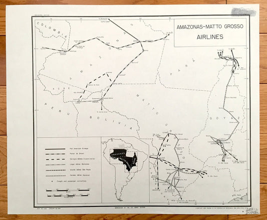 Antique Amazonas-Matto Grosso Region Airline Map 1943 – Formerly Restricted US Government – Goyaz, São Paulo, Paraguay, Pará, South America