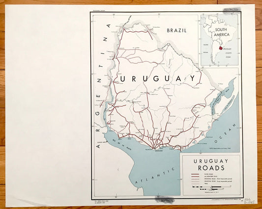 Antique Uruguay 1945 Road Map – Formerly Confidential US Government – South America, Argentina, Brazil, Montevideo, Velazquez, Buenos Aires