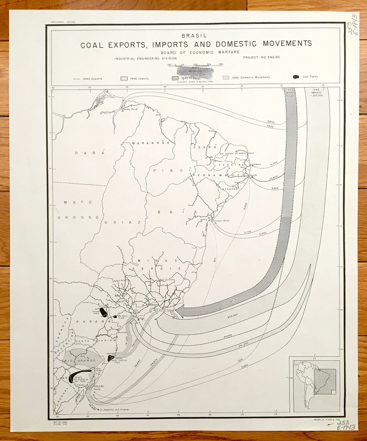 Antique Brazil 1943 Domestic Movements Map – US Board of Economic Warfare – Sao Paulo, Parana, Sao Paulo, Salvador, Rio de Janeiro