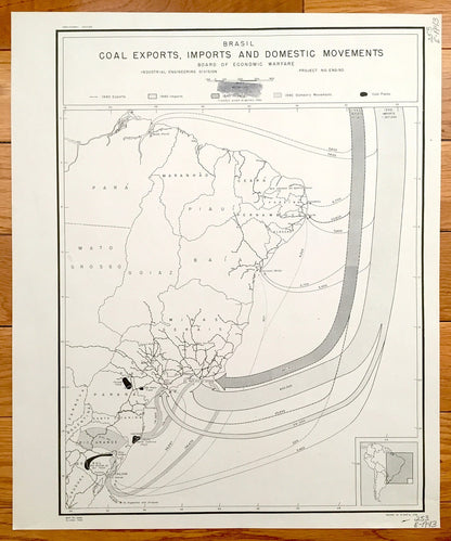 Antique Brazil 1943 Domestic Movements Map – US Board of Economic Warfare – Sao Paulo, Parana, Sao Paulo, Salvador, Rio de Janeiro