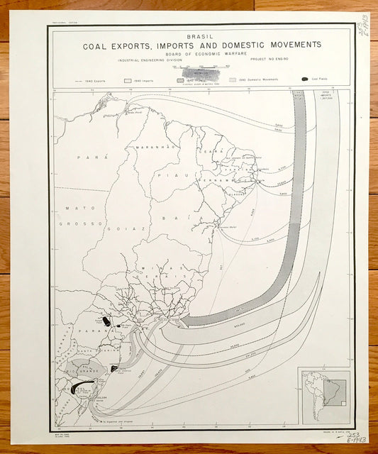 Antique Brazil 1943 Domestic Movements Map – US Board of Economic Warfare – Sao Paulo, Parana, Sao Paulo, Salvador, Rio de Janeiro
