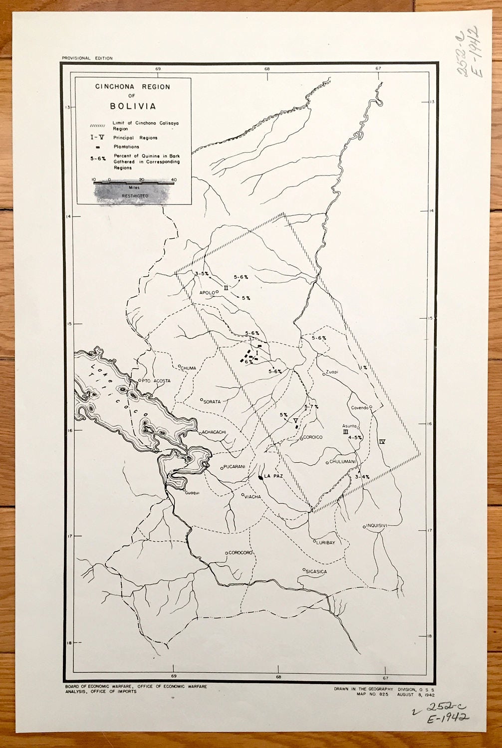 Antique Cinchona, Bolivia 1942 US Board of Economic Warfare Map – Lake Titicaca, La Paz, Corocoro, Achacachi, Acosta