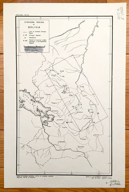Antique Cinchona, Bolivia 1942 US Board of Economic Warfare Map – Lake Titicaca, La Paz, Corocoro, Achacachi, Acosta