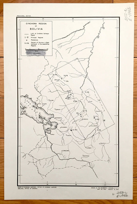Antique Cinchona, Bolivia 1942 US Board of Economic Warfare Map – Lake Titicaca, La Paz, Corocoro, Achacachi, Acosta