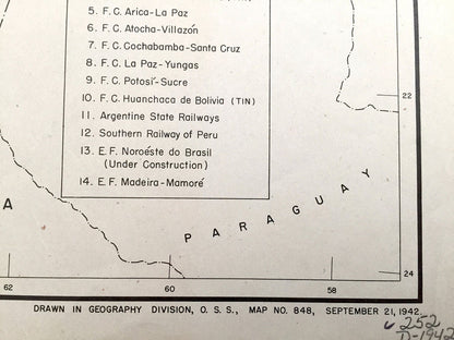Antique Bolivia 1942 Railroads Map – US Board of Economic Warfare – Antofagasta, Villazon, Huanchaca, Uncia, Lake Poopo, Lake Titicaca