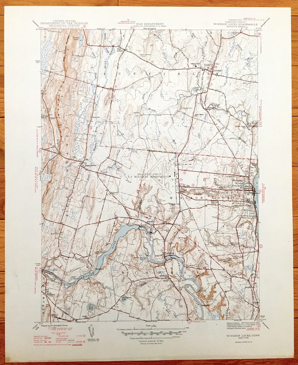 Antique Windsor Locks, Connecticut 1946 US Geological Survey Topographic Map – East Granby, Bloomfield, Suffield, Hayden, Hartford County CT