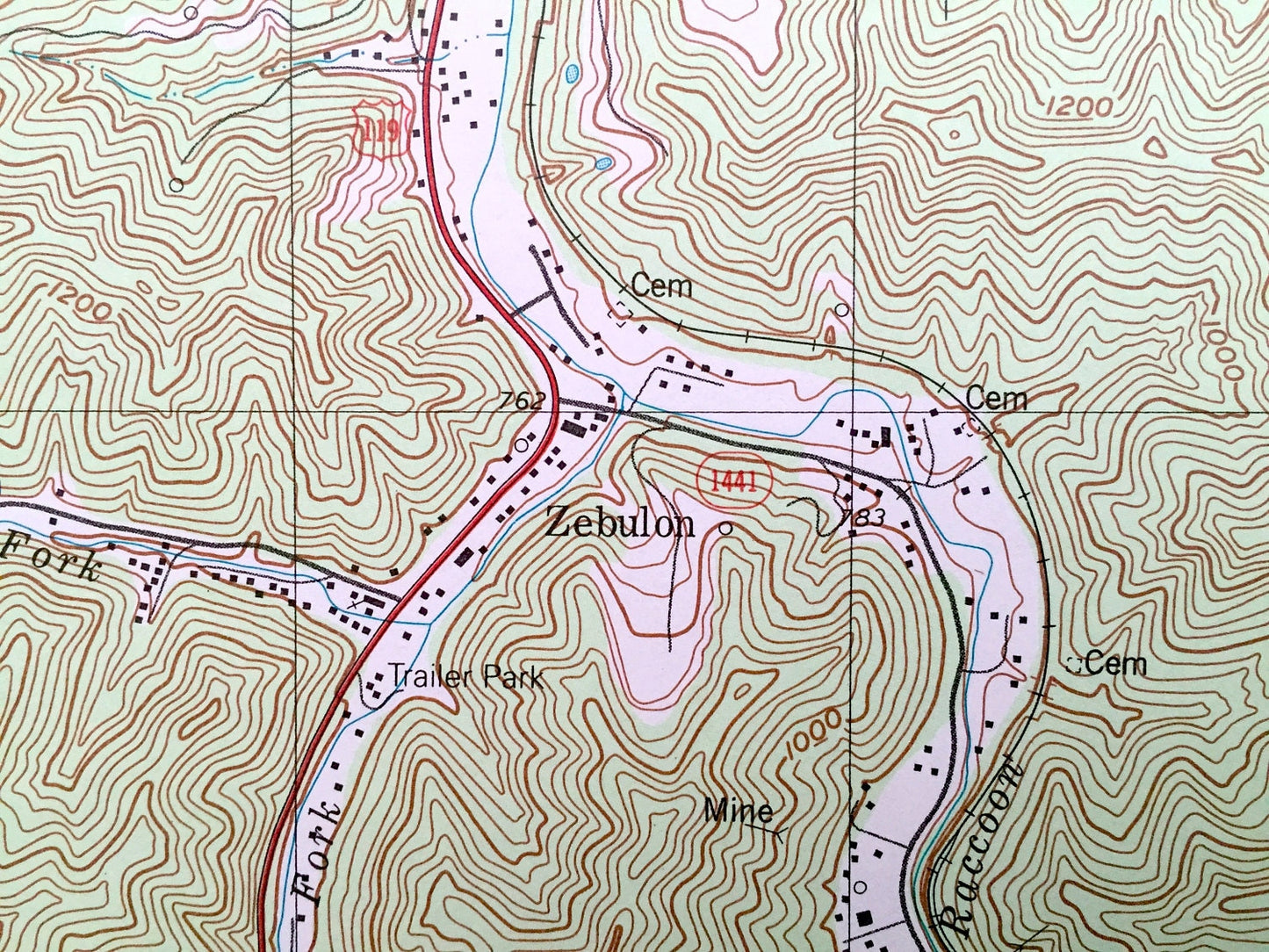 Antique Meta, Kentucky 1992 US Geological Survey Topographic Map – Zebulon, Blackburn Bottom, Raccoon, Pike County, Tipple