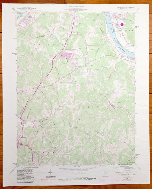 Antique Valley Mills, West Virginia & Marietta, Ohio 1957 US Geological Survey Topographic Map – Union, Williams, Parksersburg, Doyle, Ogden